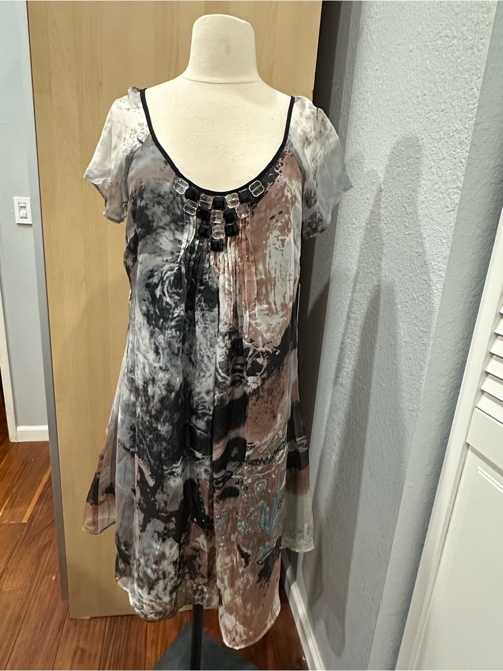 BCBGMaxAzria Abstract Print Mini Dress in Black, Gray, Brown size S